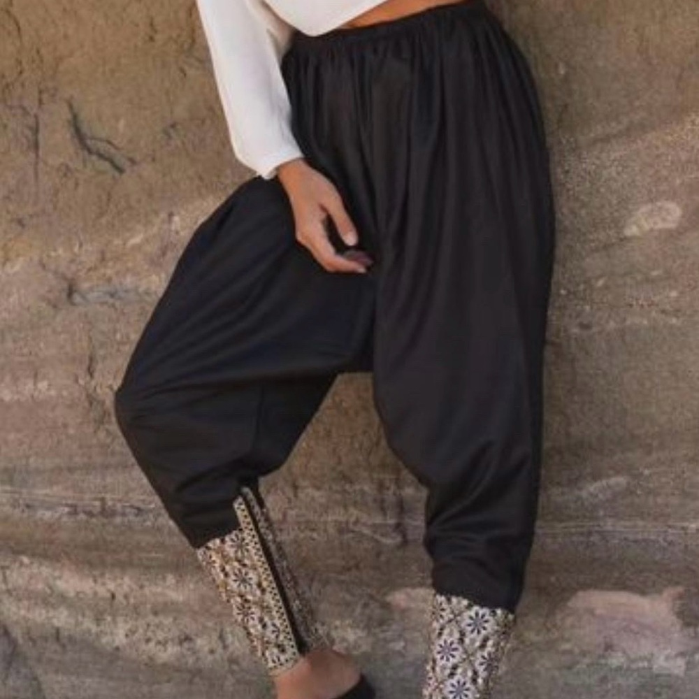 Black Harem Pants with Embroidered Cuffs